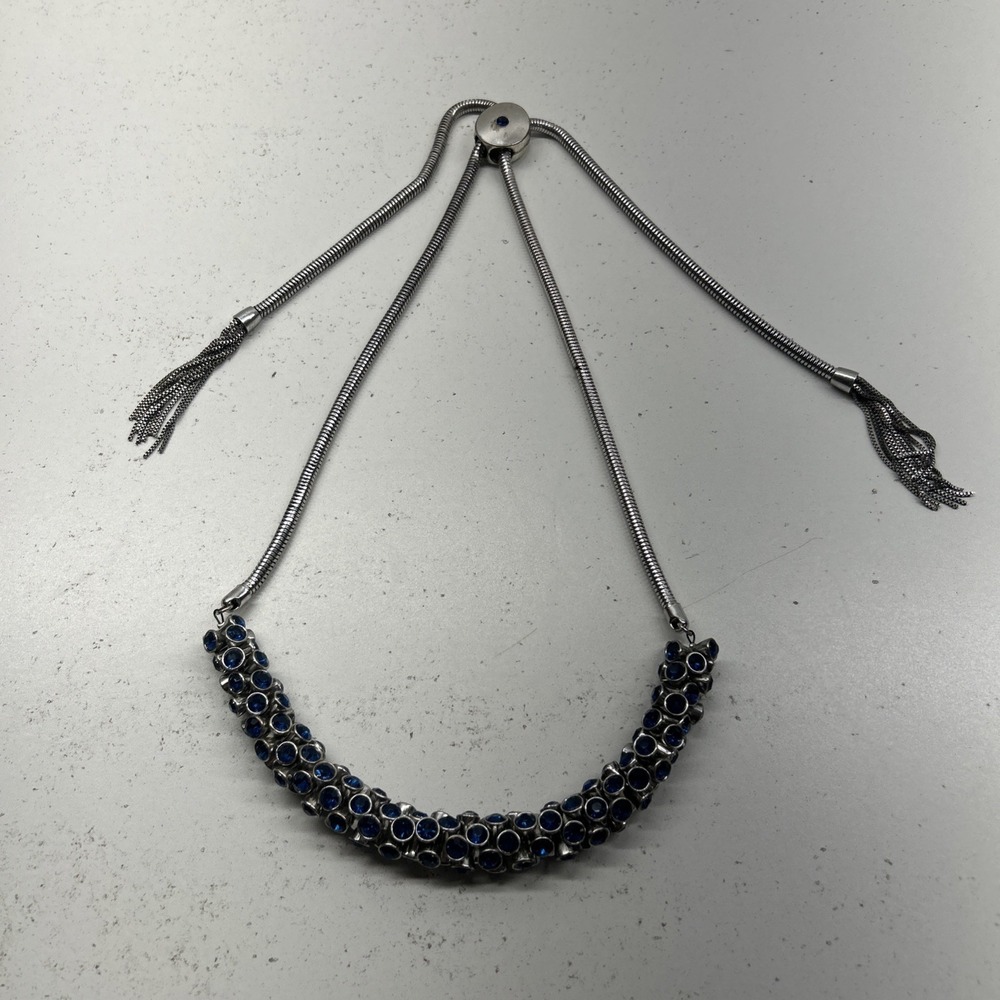 Breil Rockmantic Silver Tone Adjustable Necklace‎ With Blue Crystals And Tassels